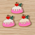 DIY food pendant charms featuring pink cartoon pudding with white glaze and red heart - Cake Pendant Style / 10 Pieces Pack / Pink