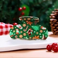 Pince à cheveux de Noël verte translucide avec motifs pain d'épice et rennes festifs - 8.8 Fond Vert Bonhomme de Pain d'Épice
