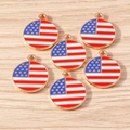 Set of 6 round US flag enamel pendants with gold borders for DIY crafts and jewelry - Round Flag Tag / 10 Pieces Pack / Red/White/Blue