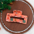 Pince à cheveux rectangulaire rose translucide avec motifs de Noël et bonhomme de neige - 8.3 Fond Orange Cadeau & Bonhomme de Neige