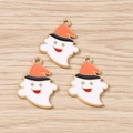 Three Halloween ghost pendants with orange witch hats and gold alloy accents on wood background - 10 Pieces Pack / Gold