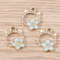 Blue enamel cat flower charms with gold plating and rhinestones for DIY jewelry making - 10 Pieces Pack / Lake Blue