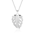 Macro view of polished silver stainless steel monstera leaf pendant with fine texture - Necklace Set / Steel