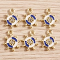 Set di 6 ciondoli timone nautico in lega dorata con smalto blu bianco e pietre di zircone - Blu