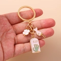 Detail of pink enamel charms with clover and cat silhouette on a gold keychain - Clover Tombstone Style (1453siyecao)
