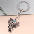 Détail macro du porte-clés éléphant vintage avec finition argent antique et pierre turquoise - Style Éléphant Vintage