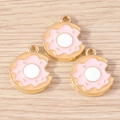 Macro detail of donut charms with pink enamel and gold metal frames for DIY jewelry - Pink Donut / 10 Pieces Pack