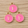 Three pink enamel round letter F charms with gold plating for DIY jewelry making - Letter F / 10 Pieces Pack