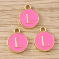Detail of pink enamel round letter L charms with gold plating for DIY jewelry making - Letter L / 10 Pieces Pack