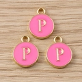 Close-up of pink enamel round charms with golden letter P for DIY jewelry making - Letter P / 10 Pieces Pack