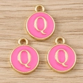 Three gold-plated pink enamel letter Q round charms for DIY jewelry making - Letter Q / 10 Pieces Pack