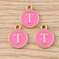 Detailed close-up of three pink enamel gold letter T charms for DIY jewelry making - Letter T / 10 Pieces Pack