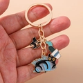 Cute cartoon cat and love cactus keychain with black and blue feline charms - Blue Black Stripe Cat Style (1453lanhui)