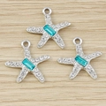 Ciondoli a stella marina argentata con gemma turchese e strass per gioielli fai da te - Stile Gemma Rettangolare Verde Ciano Base Argento / Verde