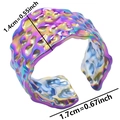 Detailed view of irregular textured rainbow metal cuff ring showing width and diameter measurements - Rainbow