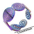Detail of colorful iridescent stainless steel ring showing spiral texture and 1.1cm width - Colorful