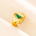 Detail of water drop-shaped green malachite stone set in a wide gold stainless steel ring - Gold Green Stone Style (J524-G-G)