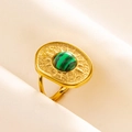 Detail of vintage gold ring with malachite stone and sunburst engraving detail - Gold Base Malachite Green Stone (J527-G-G)