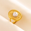 Detailed shot of golden sunburst ring with white turquoise stone on silk fabric - Gold Base White Marble Texture Stone (J527-G-W)