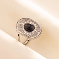 Detailed close-up of retro 304 stainless steel ring with black stone and sunburst pattern - Silver Base Black Texture Stone (J527-S-B)