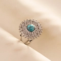 Macro shot of silver boho ring with large turquoise stone and intricate geometric cutouts - Vintage Geometric Hollow Style (J543-S-LB) / Silver-Turquoise Blue