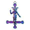 Macro detail of rainbow stainless steel Baphomet goat head and inverted cross pendant - Multicolor Style (S1527-R)