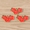 Three red floral enamel charms with gold edges for DIY jewelry making on wood background - 10 Pieces Pack / Red (YD2161)