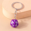 Detailed close-up of a purple D20 dice keychain with white numbers and silver chain - Deep purple