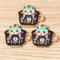 Détail de breloques chat dans une tasse en émail coloré avec bords dorés pour bijoux DIY - Lot de 10 / Vert Foncé