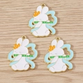Cartoon rabbit charms in alloy enamel with orange flowers and blue ribbons for DIY jewelry - Flute Rabbit / 10 Pieces Pack