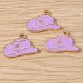 Three purple alloy cowboy hat pendants with gold trim and star details for DIY jewelry - Cowboy Hat with Star Style / 10 Pieces Pack / Purple