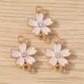 Pink enamel cherry blossom flower pendants with rhinestones and double hanging loops for DIY - 10 Pieces Pack / White