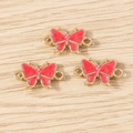 Three red enamel butterfly charms with gold metal edges and double loops for DIY jewelry - Double-Loop Butterfly Style / 10 Pieces Pack / Red