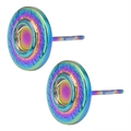 Irridescent round 304 stainless steel stud earrings with rainbow vacuum plated finish - Triple Concentric Circle Textured Style (D121-R)