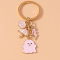 Cute pink ghost umbrella and thundercloud enamel keychain pendant with gold metal ring - Ghost