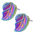 Irregular 304 stainless steel leaf earrings with rainbow plating and vein texture - Leaf Shaped Style (D126-R)