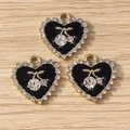 Tres colgantes de corazón en esmalte negro con cerezas y diamantes para joyería DIY - Negro Dorado