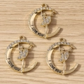 Three gold crescent moon and ballerina pendants with rhinestones and I LOVE YOU engraving - Gold