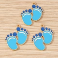 Blue enamel baby footprint pendants with gold metal edges for DIY jewelry making - 10 Pieces Pack / Blue