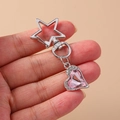 Porte-clés luxe avec cœur en cristal rose, strass brillants et attache étoile argentée - Cœur