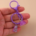 Détail d'un porte-clés ours violet transparent avec paillettes et fermoir mousqueton - Ours Sucre Violet