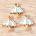 Three light blue and white striped umbrella alloy pendants for DIY jewelry crafting - Blue