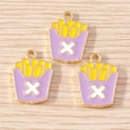 Macro de trois pendentifs frites en émail violet avec anneaux pour création de bijoux DIY - Forme de frites / Lot de 10 / Violet