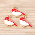 Detailed macro view of three red and white enamel bird pendants with golden alloy edges - Bird Charm (YD1719) / 10 Pieces Pack / Red