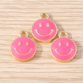 Three bright pink smile face charms with gold alloy edges for DIY jewelry making - 10 Pieces Pack / Rose Red