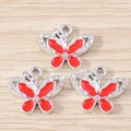 Ciondoli a farfalla eleganti con smalto rosso e strass per gioielli fai da te - Farfalla Rossa (YD1695yinhong) / Confezione da 10 / Argento