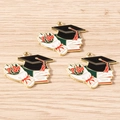 Graduation enamel charms set with black mortarboard hat and rose flower for DIY jewelry - 10 Pieces Pack / Bouquet