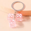 Pink translucent acrylic dice keychain with silver ring for bags and keys - Pink