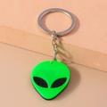 Macro shot of a fluorescent green alien keychain with sparkly black eyes on a soft base - Green