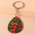 Detail of tear-drop wooden Christmas keychain featuring holiday patterns and metal ring - Gift Bag Style (YZ821)